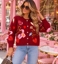 Load image into Gallery viewer, Burgundy funky graphic cardigan
