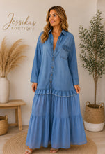 Load image into Gallery viewer, Printed denim ruffle maxi SALE
